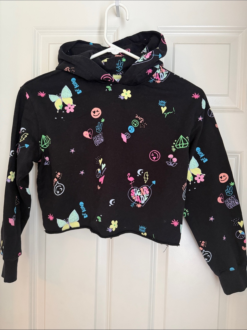 Girls Black Crop Hoodie with Neon Cute Graphic Print by Sugar&Jade